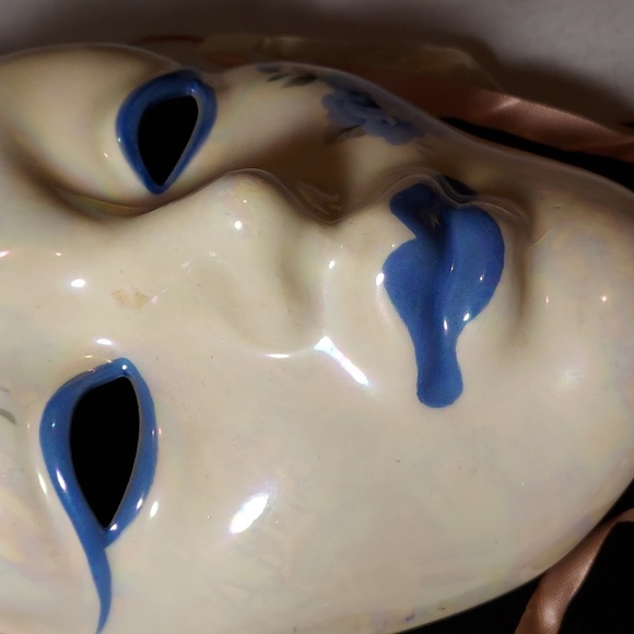 Vintage Hand Painted Carnival Face Masks Set of Two Blue and Pink Flowers - Picture 8 of 12